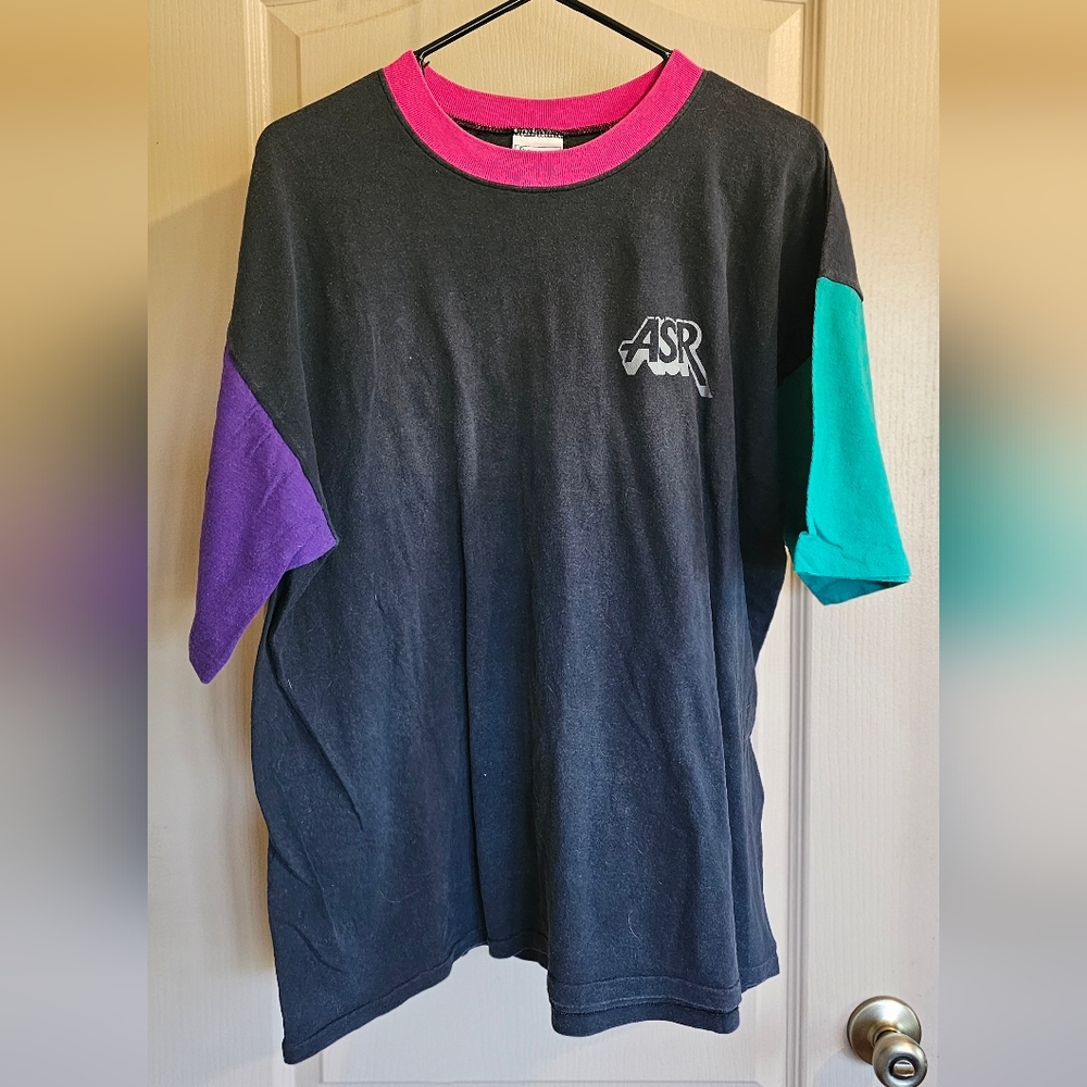 Vintage 1990s ASR Colorful Neon T Shirt By Premier Sportswear L/XL 100% Cotton